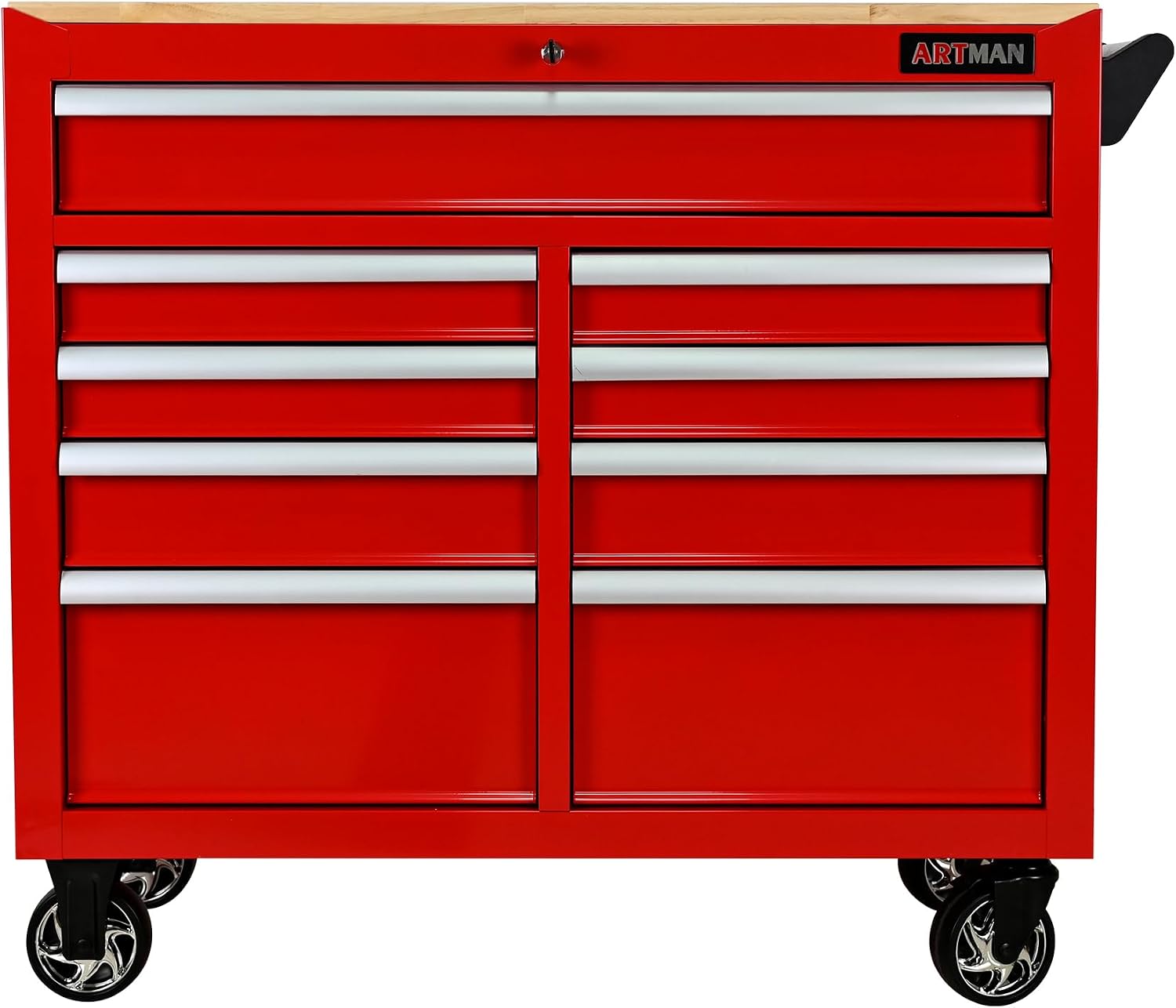 Large Tool Chest with Wheels, Rolling Toolbox with 9 Drawers, Metal Storage Tool Cart with 42'' Wood Top and Side Handle for Garage, Shop (Bonus Drawer Liners) — Red