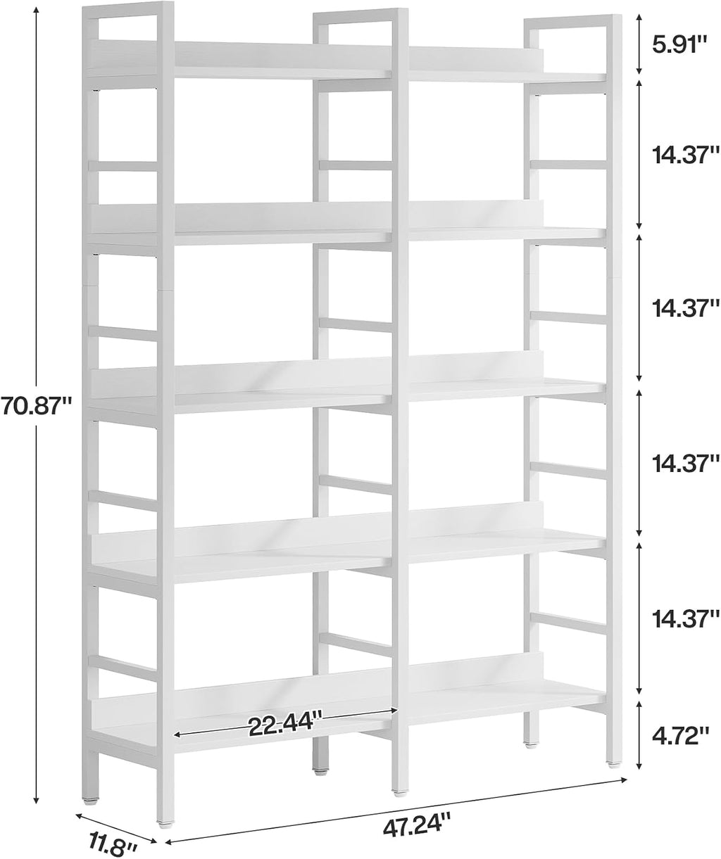Tribesigns 5-Tier Industrial Bookshelf, 71'H x 47'W Etagere Bookcase, Freestanding Double Wide Book Shelf for Storage and Display, Wood and Metal Bookshelves for Living Room Home Office, White