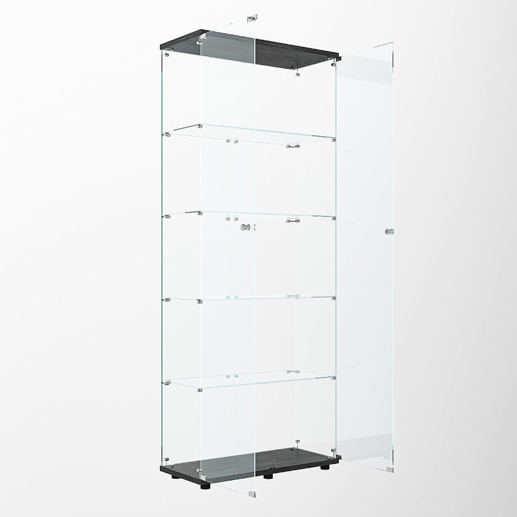 64.69' Tall Tempered Glass Display Cabinet with LED Lights, Curio Cabinet with 5 Shelves with 2 Door, Quick-Install Style Floor Standing Bookshelf File Cabinet for Living Room Office