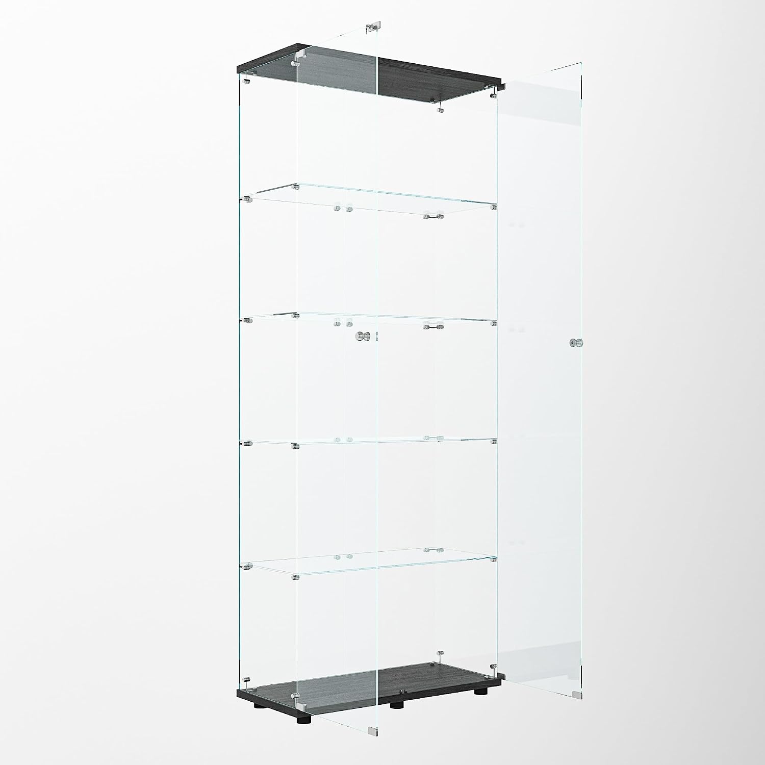 64.69' Tall Tempered Glass Display Cabinet with LED Lights, Curio Cabinet with 5 Shelves with 2 Door, Quick-Install Style Floor Standing Bookshelf File Cabinet for Living Room Office