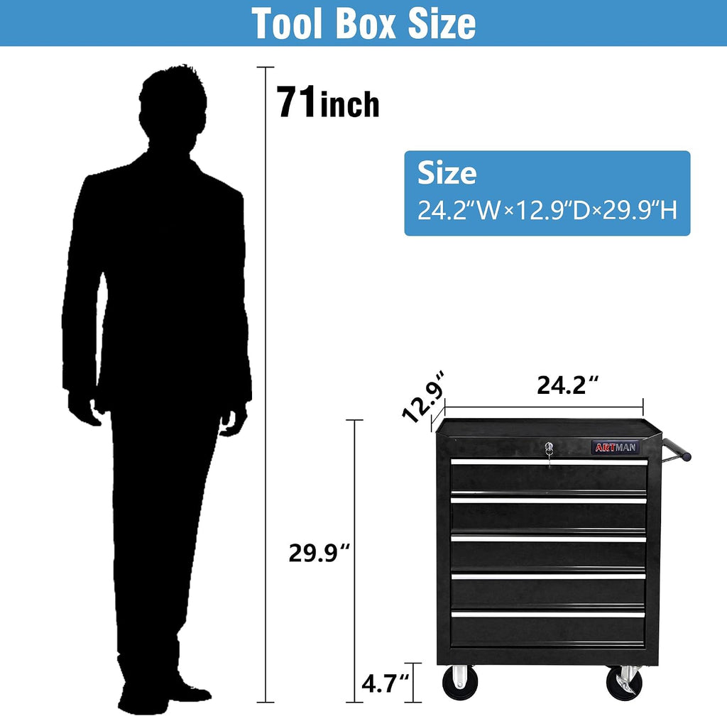 5 Drawers Tool Cart on Wheels, 5 Drawer Rolling Tool Chest with Key Lock, Trolley Organizer Tool Case, Multifunctional Rolling Tool Box for Garage,Warehouse,Workshop,Repair Shop (Black)