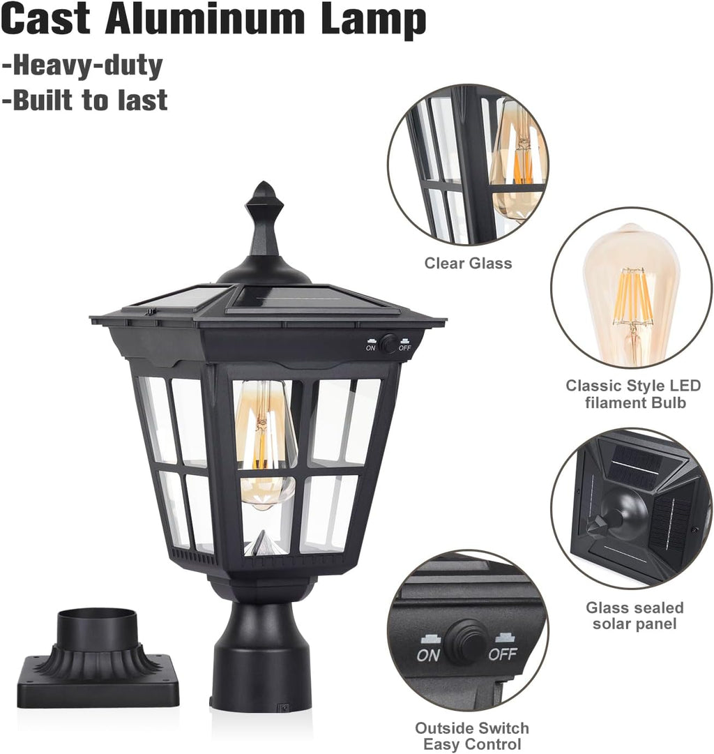 Solar Lamp Post Light, Cast Aluminium Waterproof LED Pillar Lights with Glass Outdoor Dusk to Dawn Post Light Solar Powered ST4311BQ for Pier Mount Gates Yard Pole (Black+Clear Glass)