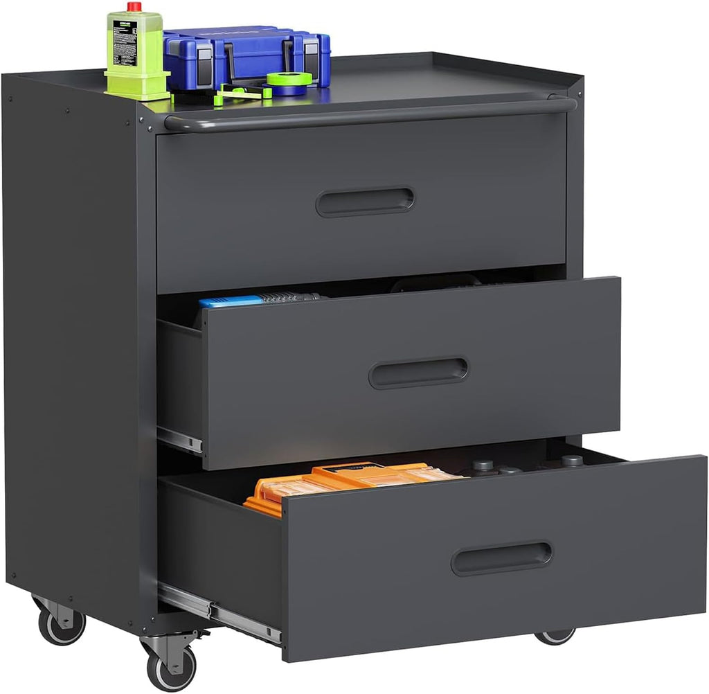 Metal Garage Storage Cabinet with Wheels, Rolling Tool Cabinet with 3 Drawers, Heavy Duty Mobile Steel Cabinet for Garage Warehouse Workshop