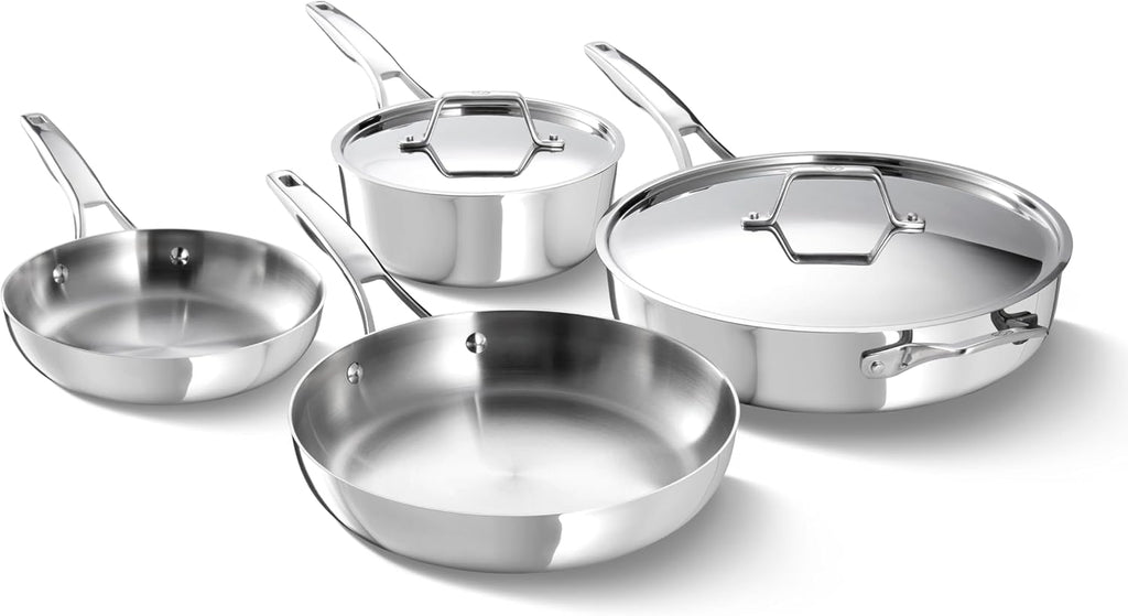 Calphalon Premier Polished 5-Ply Stainless Steel Cookware Set w/Turbo Heat Tech 6 Piece Includes Frying Pans, Pots and Pans Set, Induction, Oven Safe 500F, PFOA Free, Polished Stainless Silver