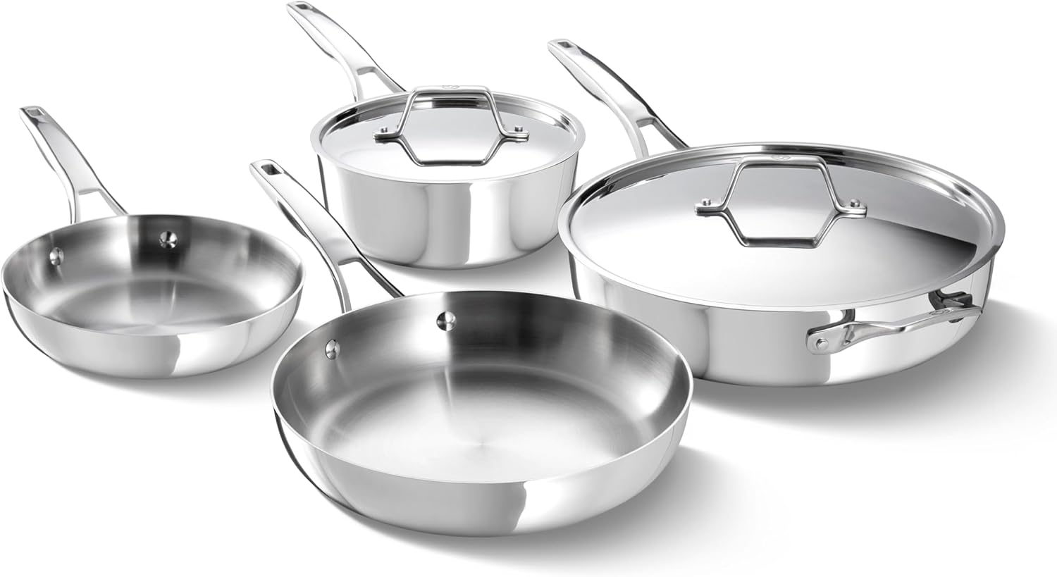Calphalon Premier Polished 5-Ply Stainless Steel Cookware Set w/Turbo Heat Tech 6 Piece Includes Frying Pans, Pots and Pans Set, Induction, Oven Safe 500F, PFOA Free, Polished Stainless Silver