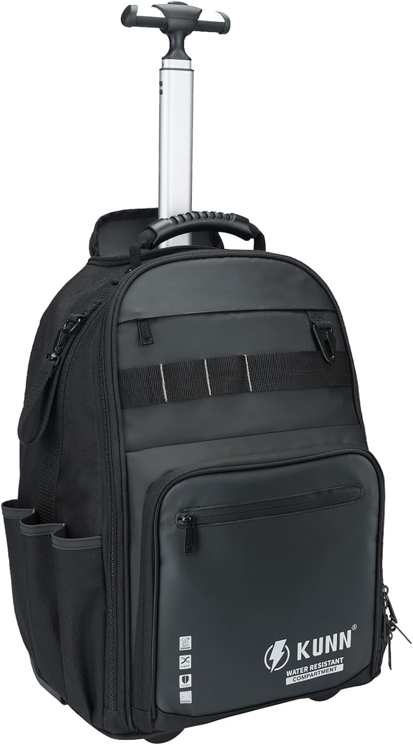 KUNN Rolling Tool Backpack with Wheels, Heavy Duty Waterproof Wheeled Tool Bag, 47 Pockets & Loops Work Backpack for Electrician Construction HVAC, Black