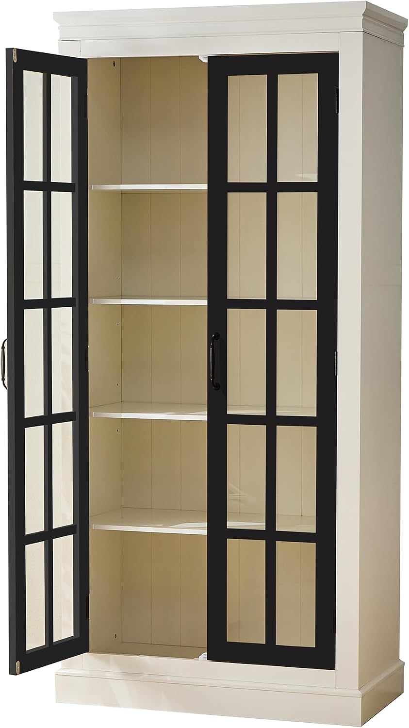 Ball & Cast 71.2' Tall Display Cabinet W/Glass Doors,Curio Cabinet W/Adjustable Shelves&Fixed Shelves for Collectibles,Trophies,Farmhouse Style Cabinets for Hallways,Living Room,Bedroom,White&Black