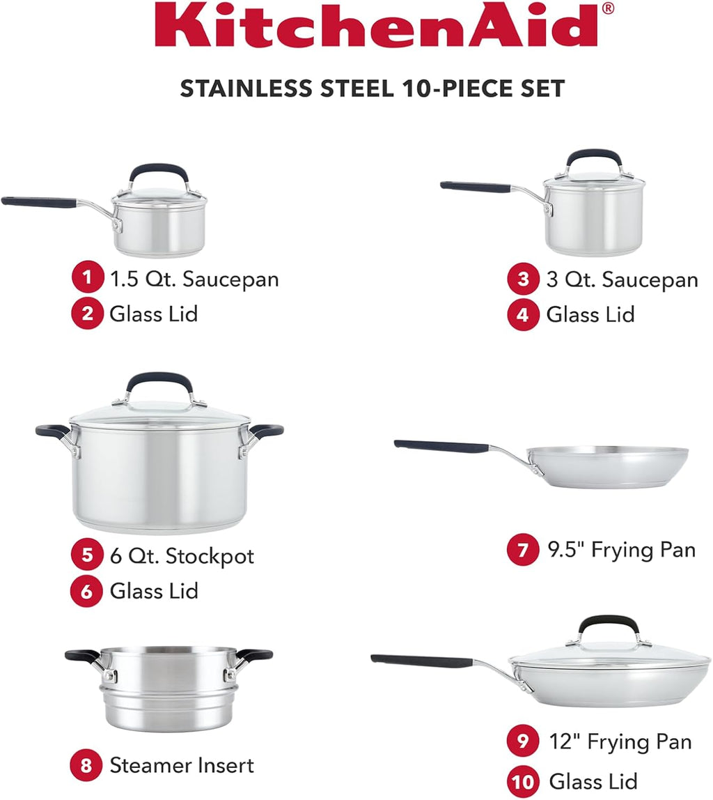 KitchenAid Stainless Steel Cookware Induction Pots and Pans Set, 10-Piece, Brushed Stainless Steel