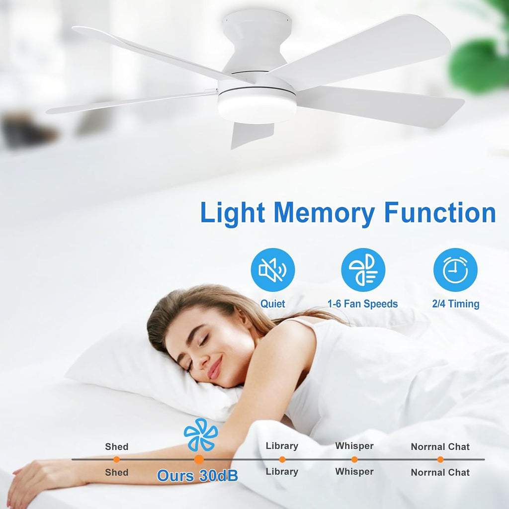 Depuley 42-Inch Ceiling Fans with Lights: Indoor/Outdoor Flush Mount Ceiling Fan with Remote Control - White 5 Blade Low Profile Fandelier for Kitchen Gazebo - Reversible Quiet Timer - 2 Packs
