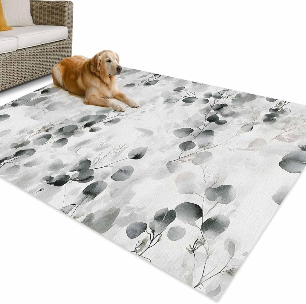 Outdoor Rug 4x6ft Retro Eucalyptus Leaves Patio Area Rugs Waterproof Easy Cleaning Non Shedding Thick Mats Grey Carpet for Indoor Outdoor Porch Deck Backyard Balcony