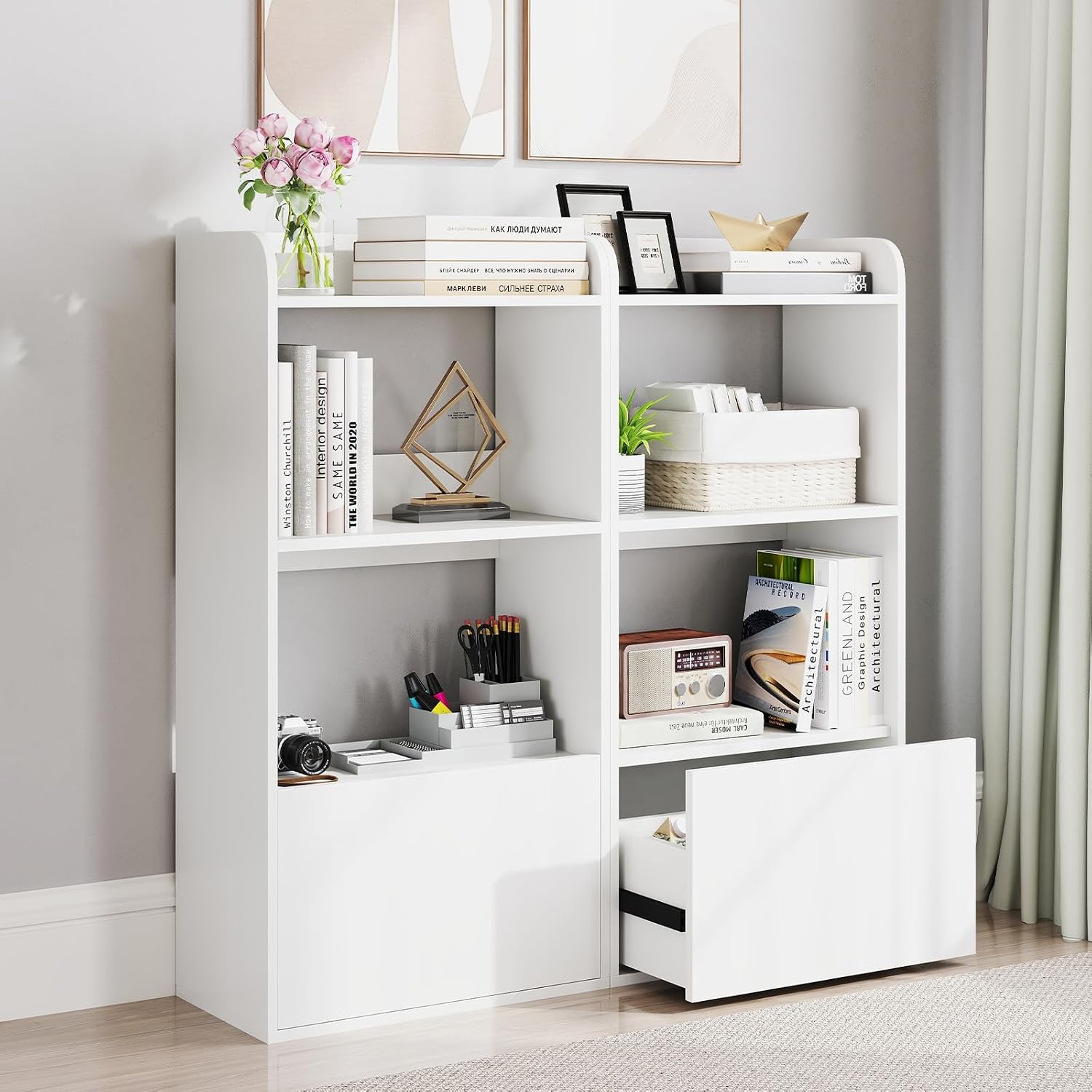 Giantex Bookshelf with Drawer Set of 2, 3-Tier 41.5' Tall Bookcase with Open Shelf, 2 Anti-Tipping Kits, Freestanding Storage Cabinet Display Shelf for Living Room, Bedroom, Office, White