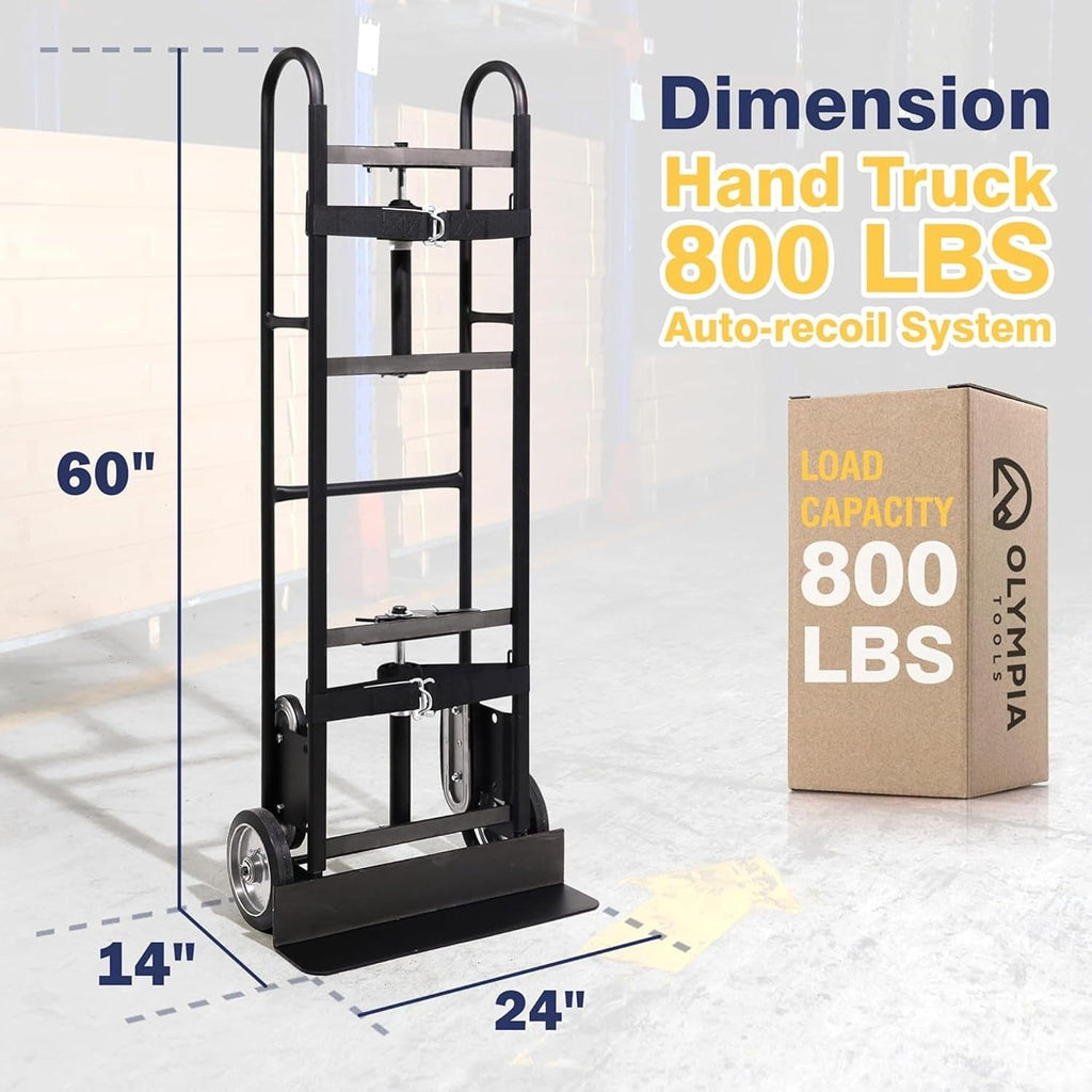 Olympia Tools 800LB Auto-Recoil Appliance Hand Truck - Moving Hand Truck with Easy-to-use Belt Tightener for Transport Large/Bulky Appliances Refrigerator Dolly - Heavy-Duty Furniture Dolly Trolley