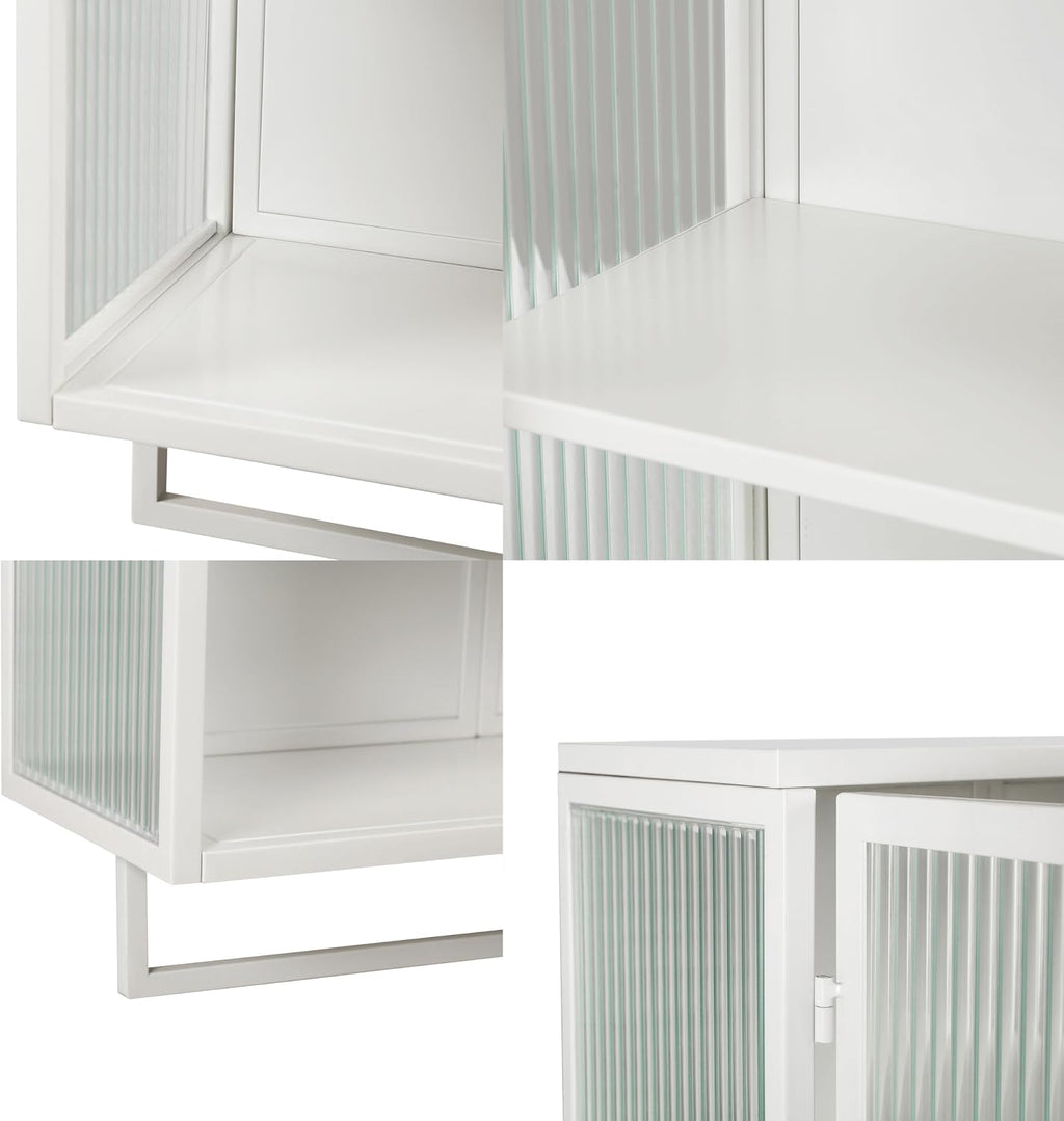 Retro Style Haze Double Glass Door Wall Cabinet with Detachable Shelves for Office, Dining Room,Living Room, Kitchen and Bathroom Mint White