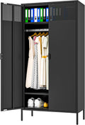 Ustamio 71 Inches Black Metal Wardrobe Cabinet with Hanging Rod, Metal Armoire Wardrobe Closet with Doors for Bedroom, Office, Laundry Room and Changing Room, Metal Locker Cabinet