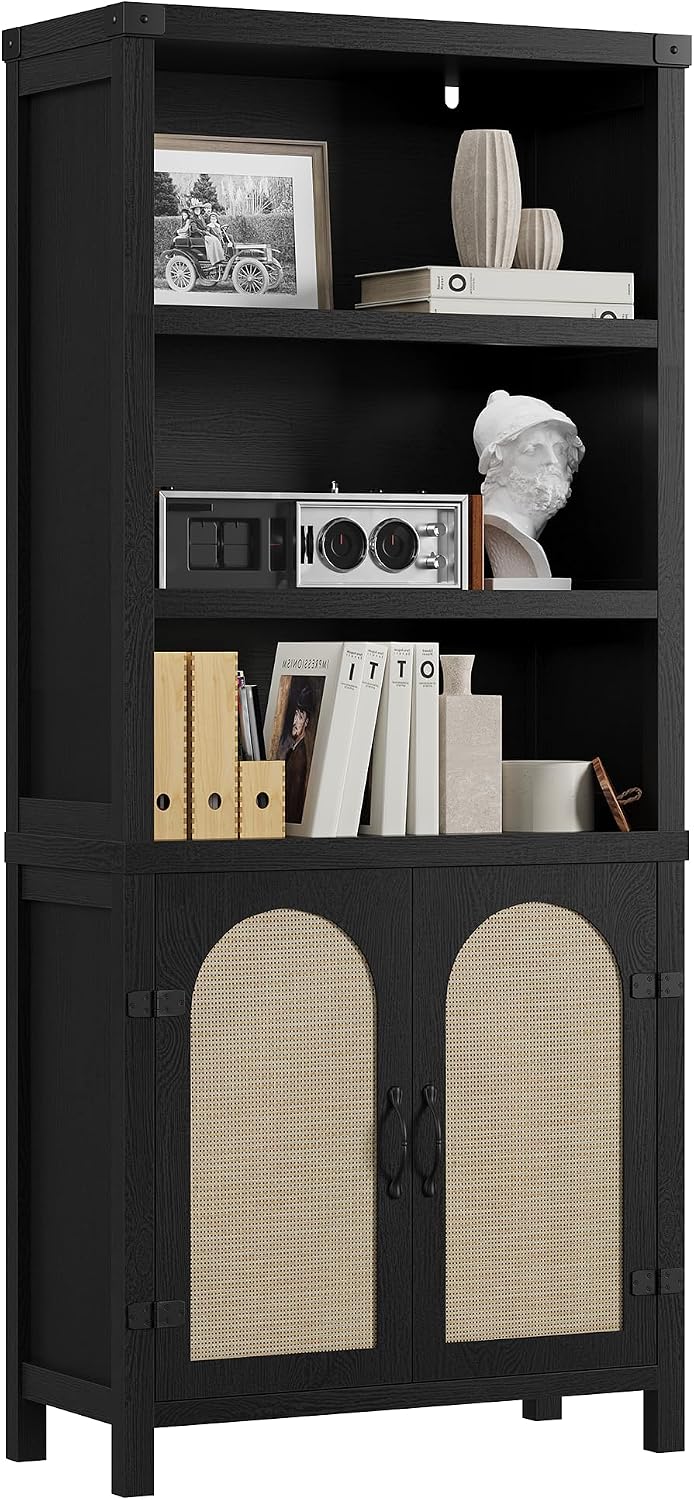 GarveeHome Bookshelf and Bookcase with Doors, 5 Tier Double Wide Large Bookshelves, Open Display Shelves, 70'' Tall Bookshelf with Storage Cabinets for Home Office, Living Room, Library, Black