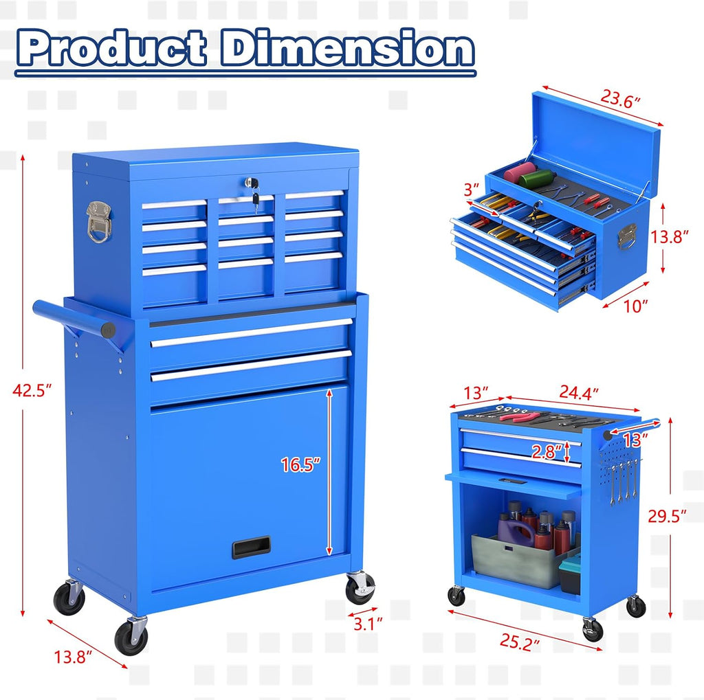 Rolling Tool Chest with Wheels, 8-Drawer High Capacity Tool Box with Wheels, Removable Storage Toolbox with Lock for Garage, Workshop (Blue)