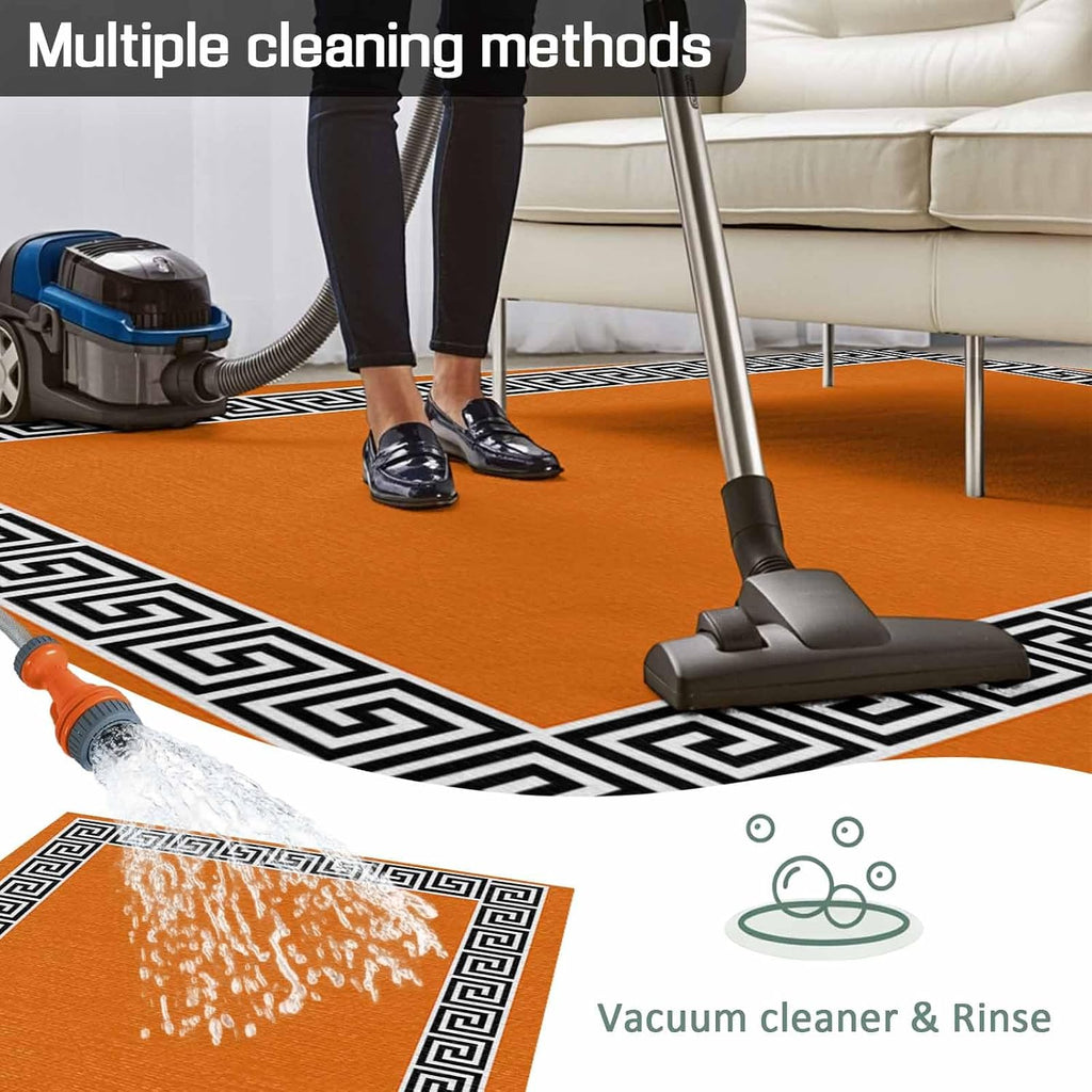 Outdoor Rug 4x6ft Black Simple Geometric Lines Border Patio Area Rugs Waterproof Easy Cleaning Non Shedding Thick Mats Orange Carpet for Indoor Outdoor Porch Deck Backyard Balcony