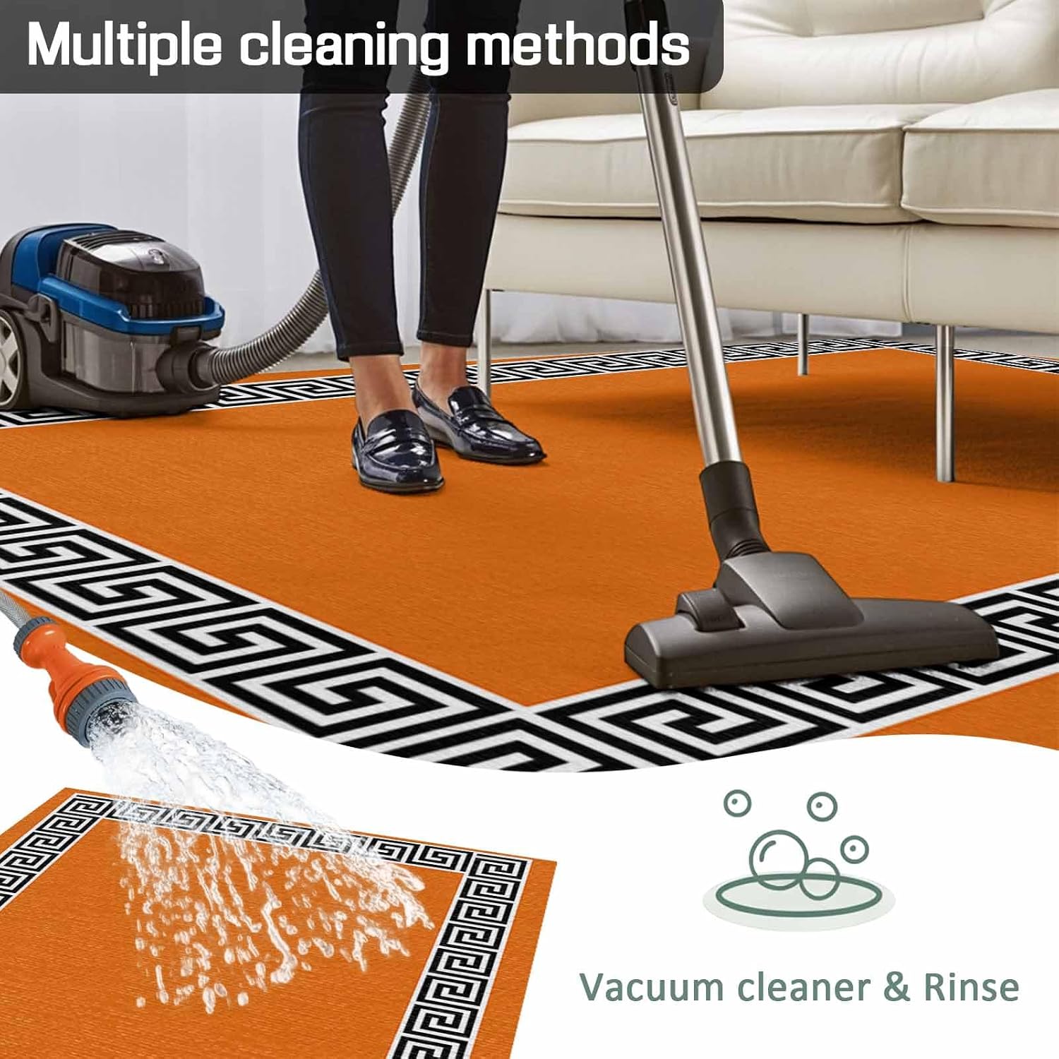Outdoor Rug 4x6ft Black Simple Geometric Lines Border Patio Area Rugs Waterproof Easy Cleaning Non Shedding Thick Mats Orange Carpet for Indoor Outdoor Porch Deck Backyard Balcony