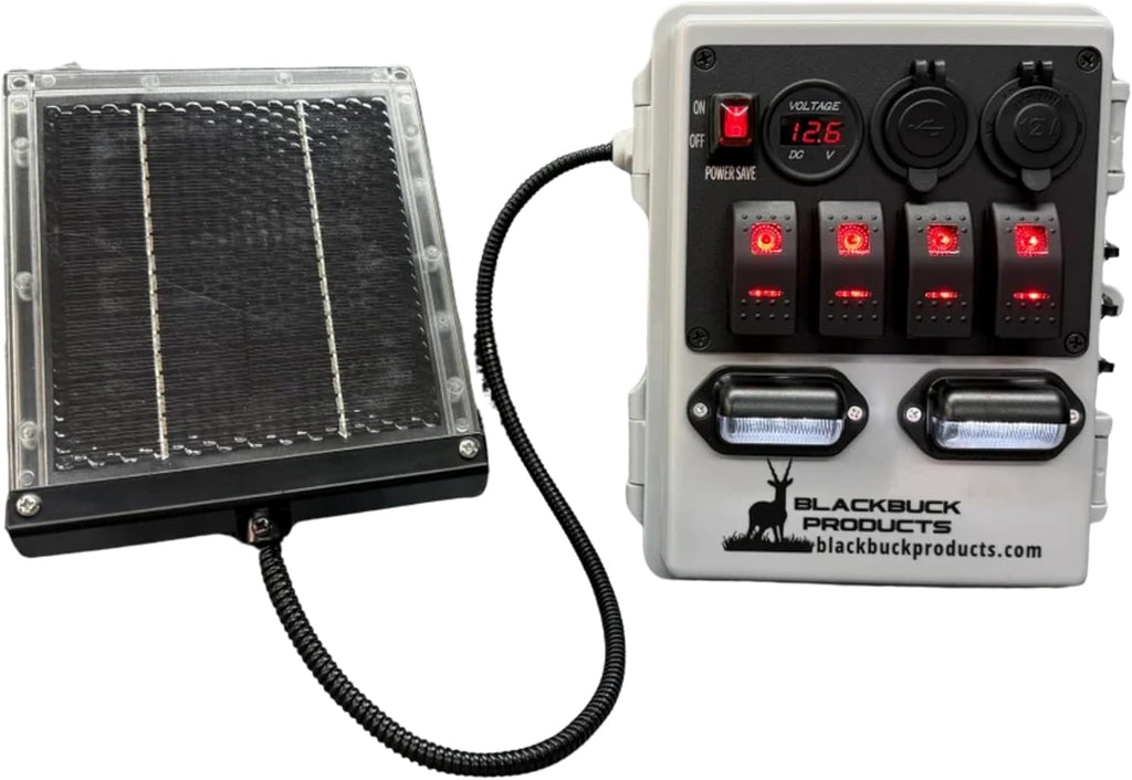 Blackbuck Deer Blind Power Bank Charger with Solar Panel – 12V Hunting Blind Battery Pack, USB/USB-C/DC Charging Station, LED Lights, Weather-Resistant Deer Stand Accessory