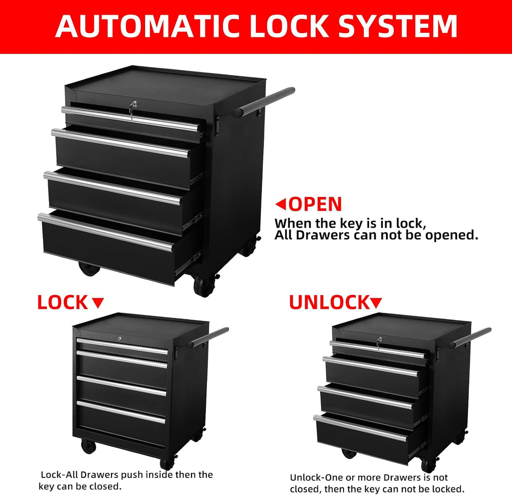 Rolling Tool Box with 4 Drawer, 27 Inch Rolling Tool Chest with Wheels, Metal Tool Storage Cabinets, Tool Box Organizer for Garage, Shop, Workbench, Warehouse, Workshop (Product Depth-18.4inch)