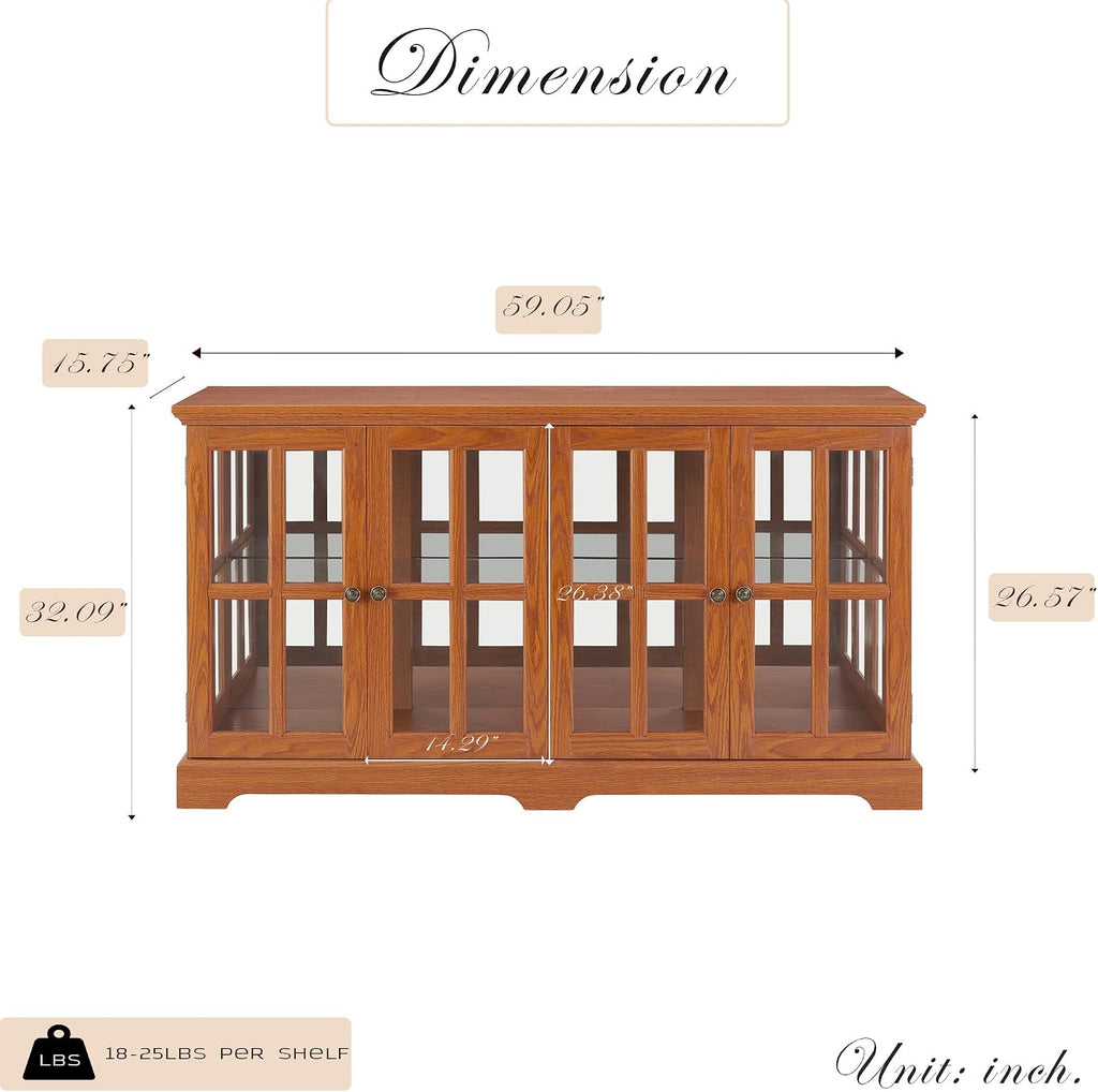 59' W LED Curio Cabinet with 7 Color Lights, Vintage Glass Display Case with Glass Doors, Smartphone-Controlled, Short Wooden China Cabinet with Adjustable Shelves for Living Room, Entryway (Dark Oak)