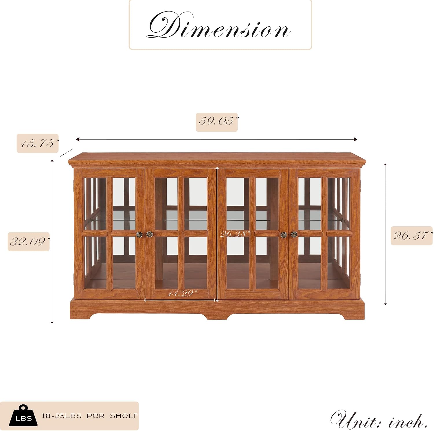 59' W LED Curio Cabinet with 7 Color Lights, Vintage Glass Display Case with Glass Doors, Smartphone-Controlled, Short Wooden China Cabinet with Adjustable Shelves for Living Room, Entryway (Dark Oak)