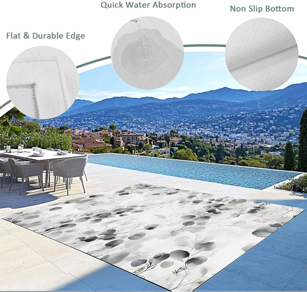 Outdoor Rug 4x6ft Retro Eucalyptus Leaves Patio Area Rugs Waterproof Easy Cleaning Non Shedding Thick Mats Grey Carpet for Indoor Outdoor Porch Deck Backyard Balcony