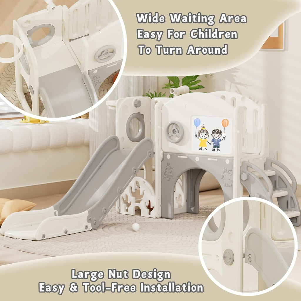 67i Indoor Toddler Slide with Drawing Board, Golf Set, Basketball Hoop - Kids Playground for 1-3 Year Olds, Non-Slip Steps & Storage Space (White Gray)