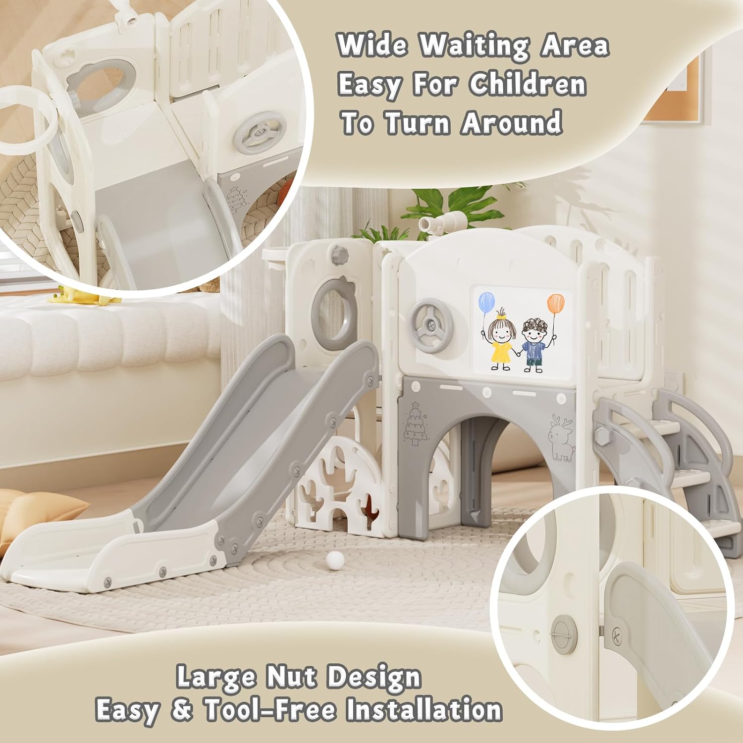 67i Indoor Toddler Slide with Drawing Board, Golf Set, Basketball Hoop - Kids Playground for 1-3 Year Olds, Non-Slip Steps & Storage Space (White Gray)