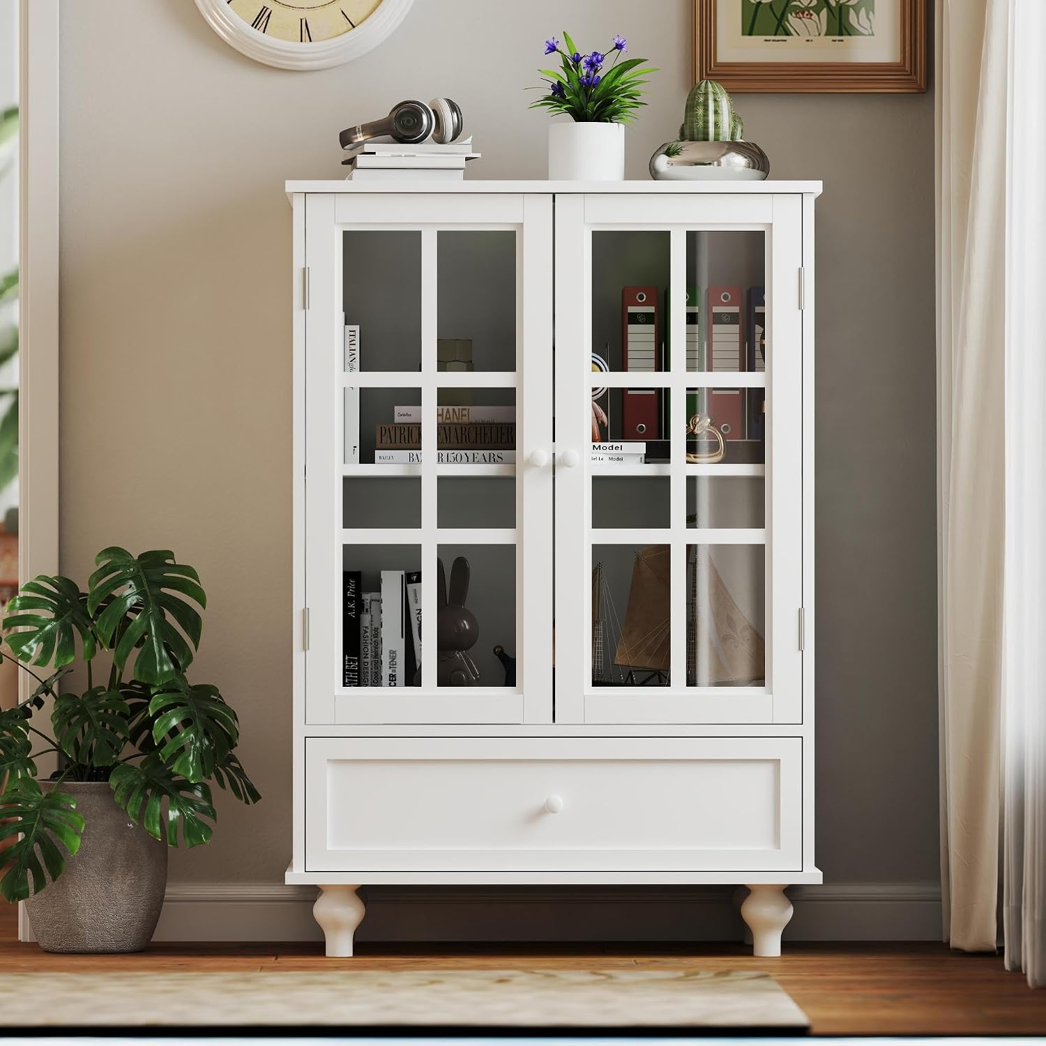 KEIKI Sideboard Buffet Cabinet with Glass Doors and Drawer, Wooden Storage Cabinet with Adjustable Shelf Modern Display Cabinet Cupboard for Living Room, Dining Room, Kitchen, Hallway, White