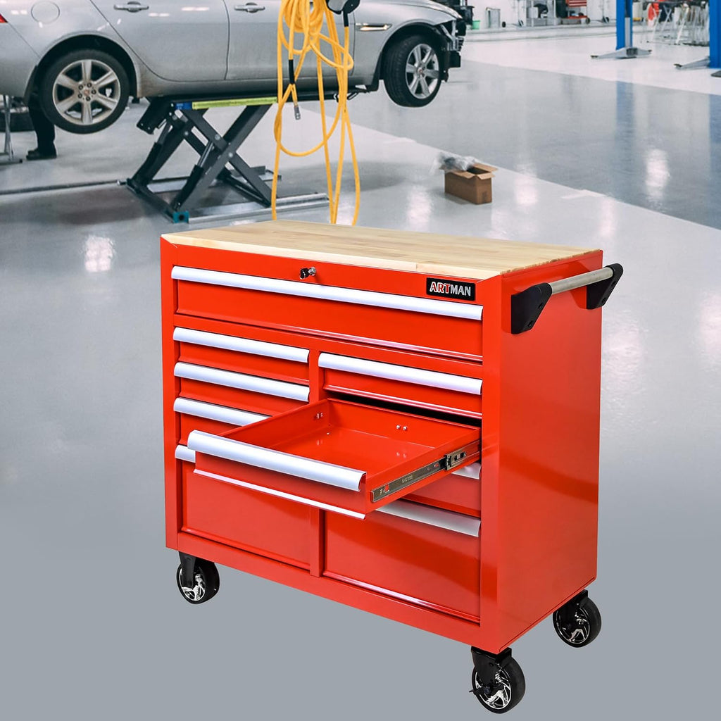 Large Tool Chest with Wheels, Rolling Toolbox with 9 Drawers, Metal Storage Tool Cart with 42'' Wood Top and Side Handle for Garage, Shop (Bonus Drawer Liners) — Red