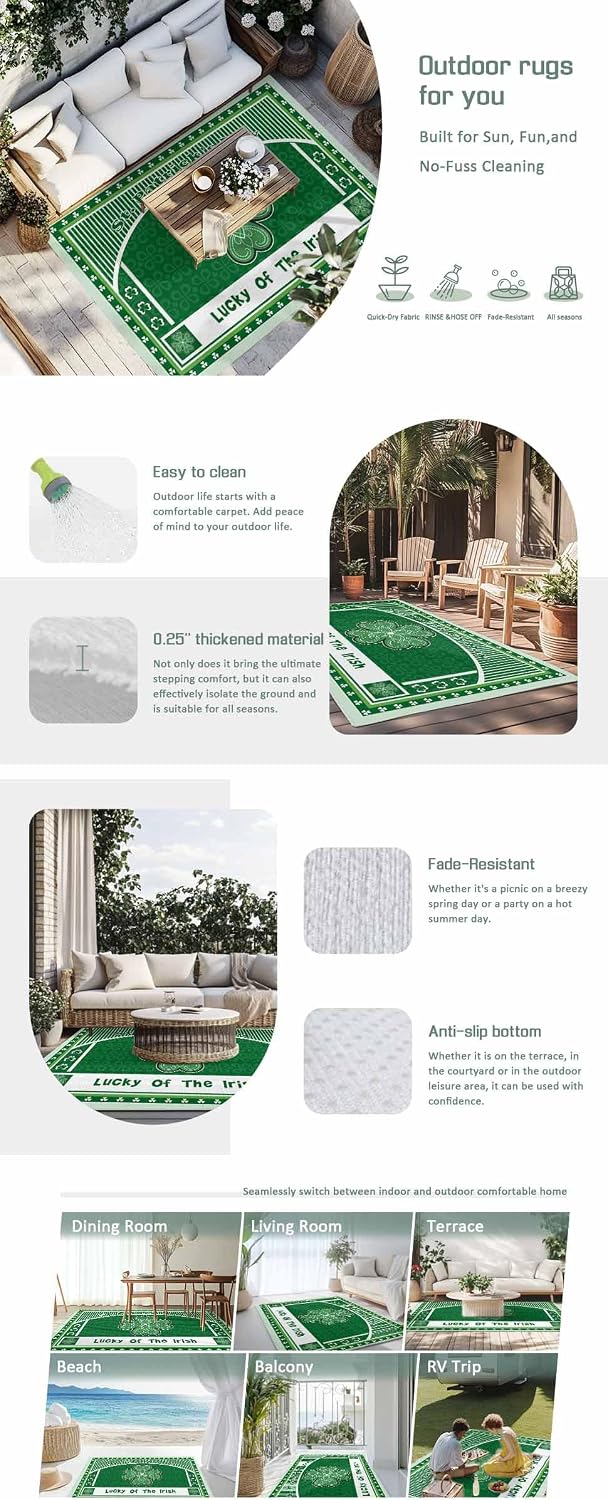 Outdoor Rug 4x6ft Irish Festival Celtic Knots Lucky Shamrock Patio Area Rugs Waterproof Easy Cleaning Non Shedding Thick Mats Stripe Carpet for Indoor Outdoor Porch Deck Backyard Balcony