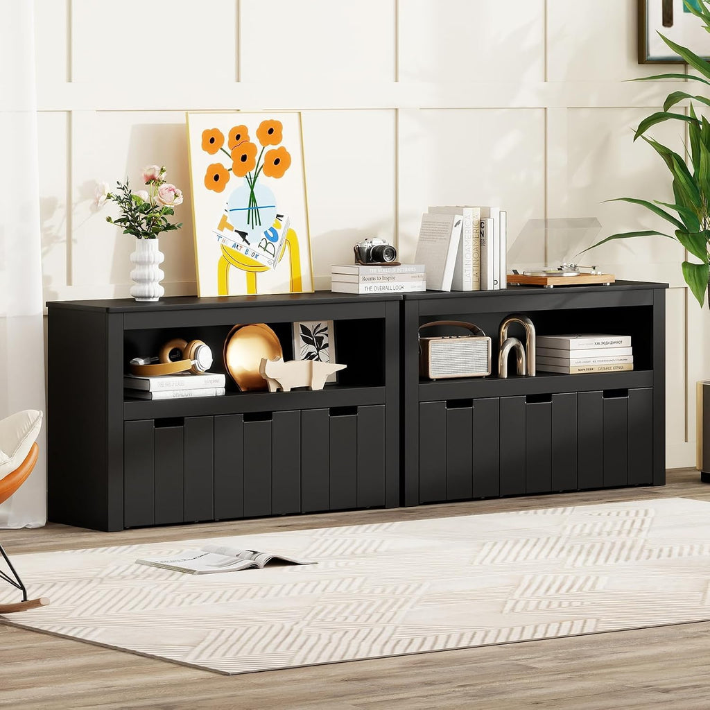 HONEY JOY Kids Toy Storage Organizer, Children Daycare Shelf, 3 Wooden Toy Box w/Wheels, Toddler Classroom Display Cabinet for Playroom, Nursery, Kindergarten (Black)