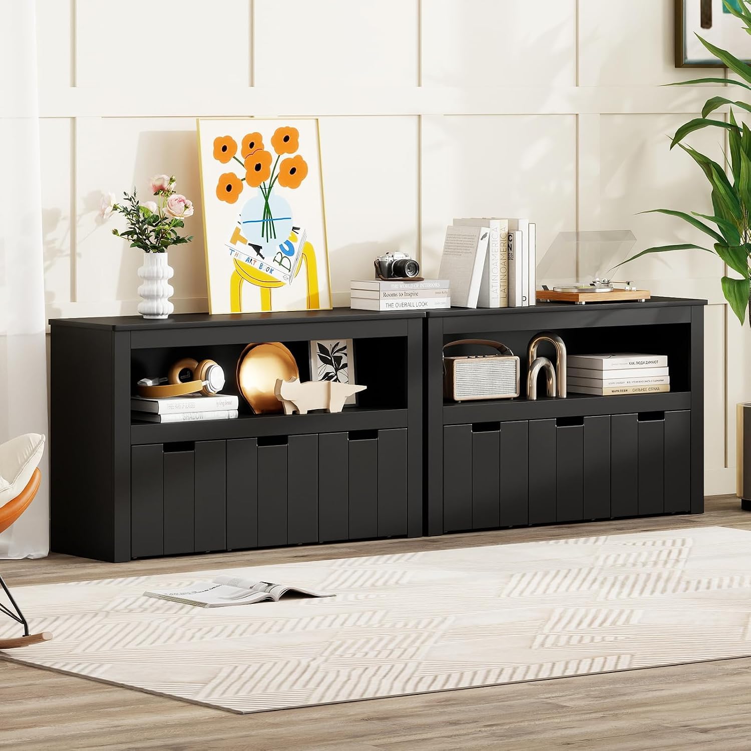 HONEY JOY Kids Toy Storage Organizer, Children Daycare Shelf, 3 Wooden Toy Box w/Wheels, Toddler Classroom Display Cabinet for Playroom, Nursery, Kindergarten (Black)