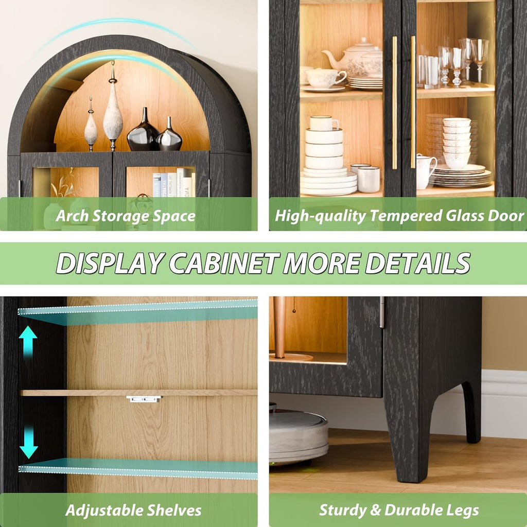 71'H Arched Storage Cabinet with Glass Doors, Modern Display Cabinet with 3 Color Light & Human Body Sensor, 5 Tier Kitchen Pantry Cupboard for Living Room, Dining Room, Black & Oak