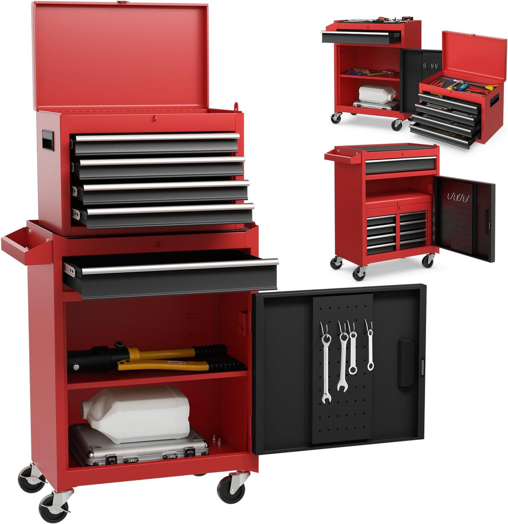 Rolling Tool Chest, 5-Drawer Tool Storage Cabinet with Wheels, Adjustable Shelf & Anti-Slip Liner, Tool Box Organizer for Garage, Warehouse & Workshop (Red+Black)