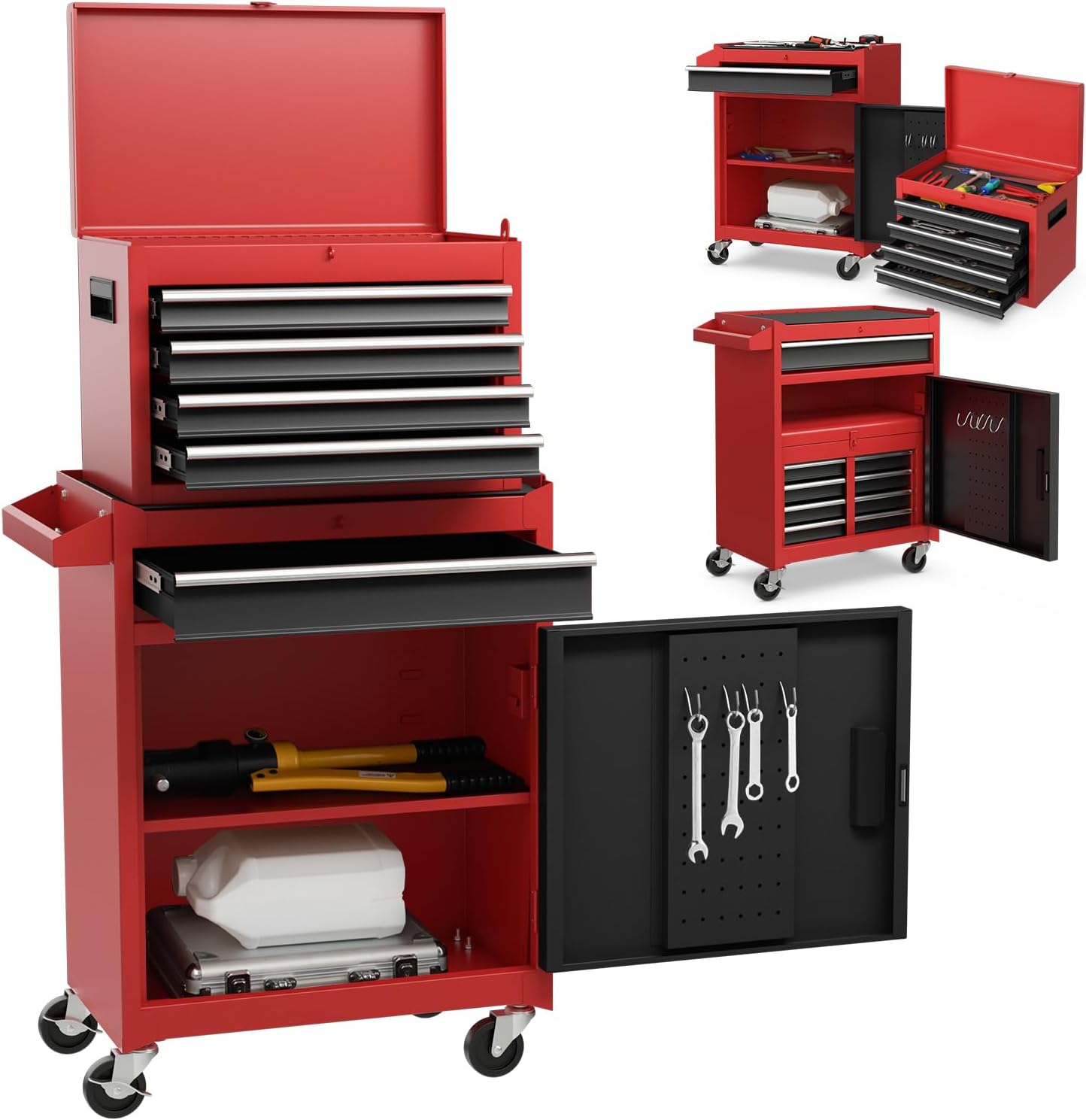 Rolling Tool Chest, 5-Drawer Tool Storage Cabinet with Wheels, Adjustable Shelf & Anti-Slip Liner, Tool Box Organizer for Garage, Warehouse & Workshop (Red+Black)