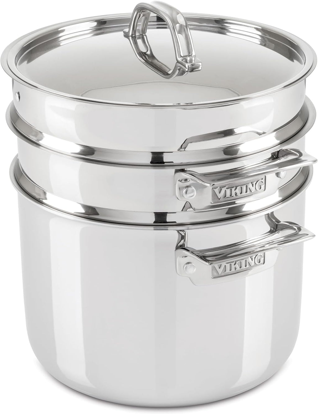 Viking 3-Ply Stainless Steel Pasta Pot with Lid, 8 Quart, 4 Piece Multipot Kitchen Cookware, Includes Pasta Insert and Steamer Basket, Dishwasher and Oven Safe, Induction Ready, Silver