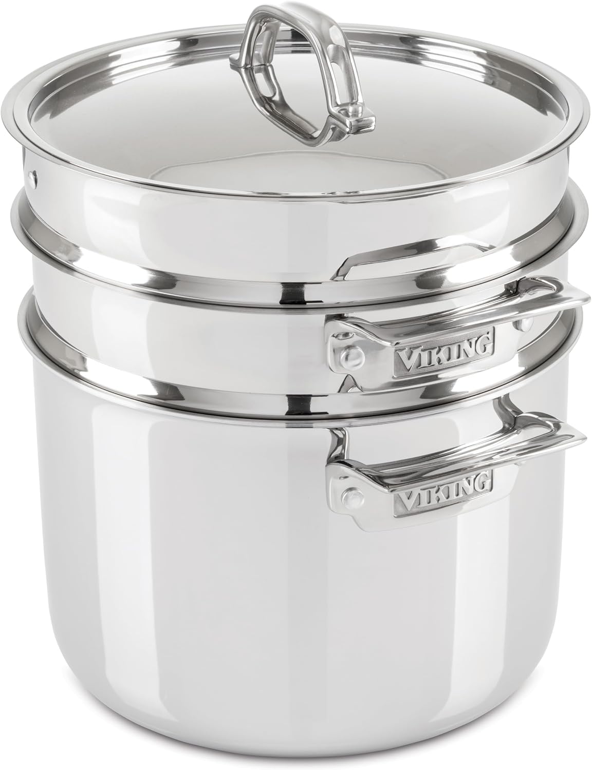 Viking 3-Ply Stainless Steel Pasta Pot with Lid, 8 Quart, 4 Piece Multipot Kitchen Cookware, Includes Pasta Insert and Steamer Basket, Dishwasher and Oven Safe, Induction Ready, Silver