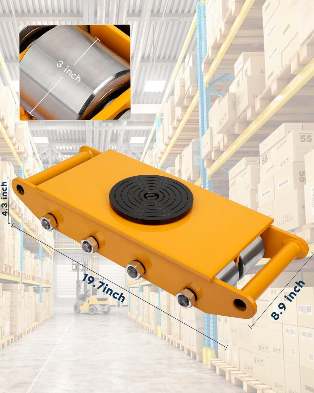 FAHKNS Machinery Moving Skate Heavy Duty Machinery Skates Cargo Mover 12T Machine Skates with 360° Rotation Cap 8 Steel Rollers for Heavy Duty Industrial Moving Equipment, Yellow