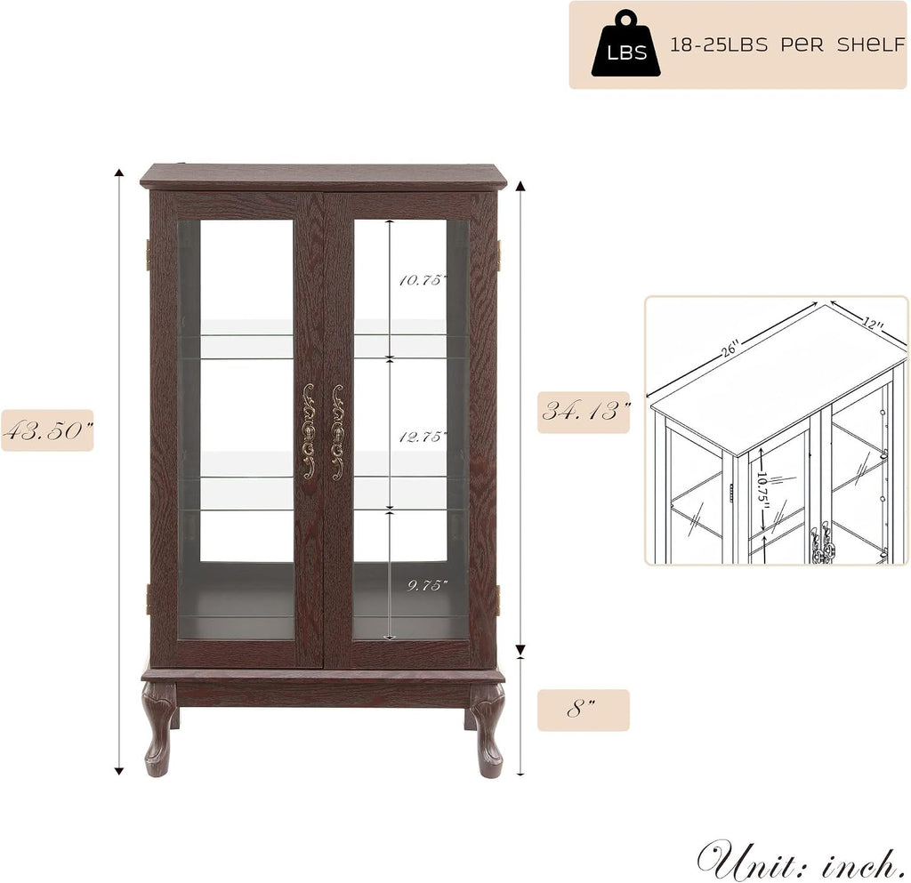 44' Small Lighted Glass Accent Curio Cabinet, Vintage China Cage with Tempered Glass Doors & Adjustable Shelves, Acrylic Mirrored Pane, Elegant Wine Artwork Showcase for Living Room (Dark Cherry)