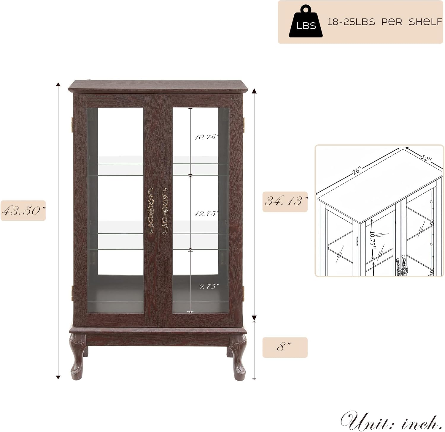 44' Small Lighted Glass Accent Curio Cabinet, Vintage China Cage with Tempered Glass Doors & Adjustable Shelves, Acrylic Mirrored Pane, Elegant Wine Artwork Showcase for Living Room (Dark Cherry)