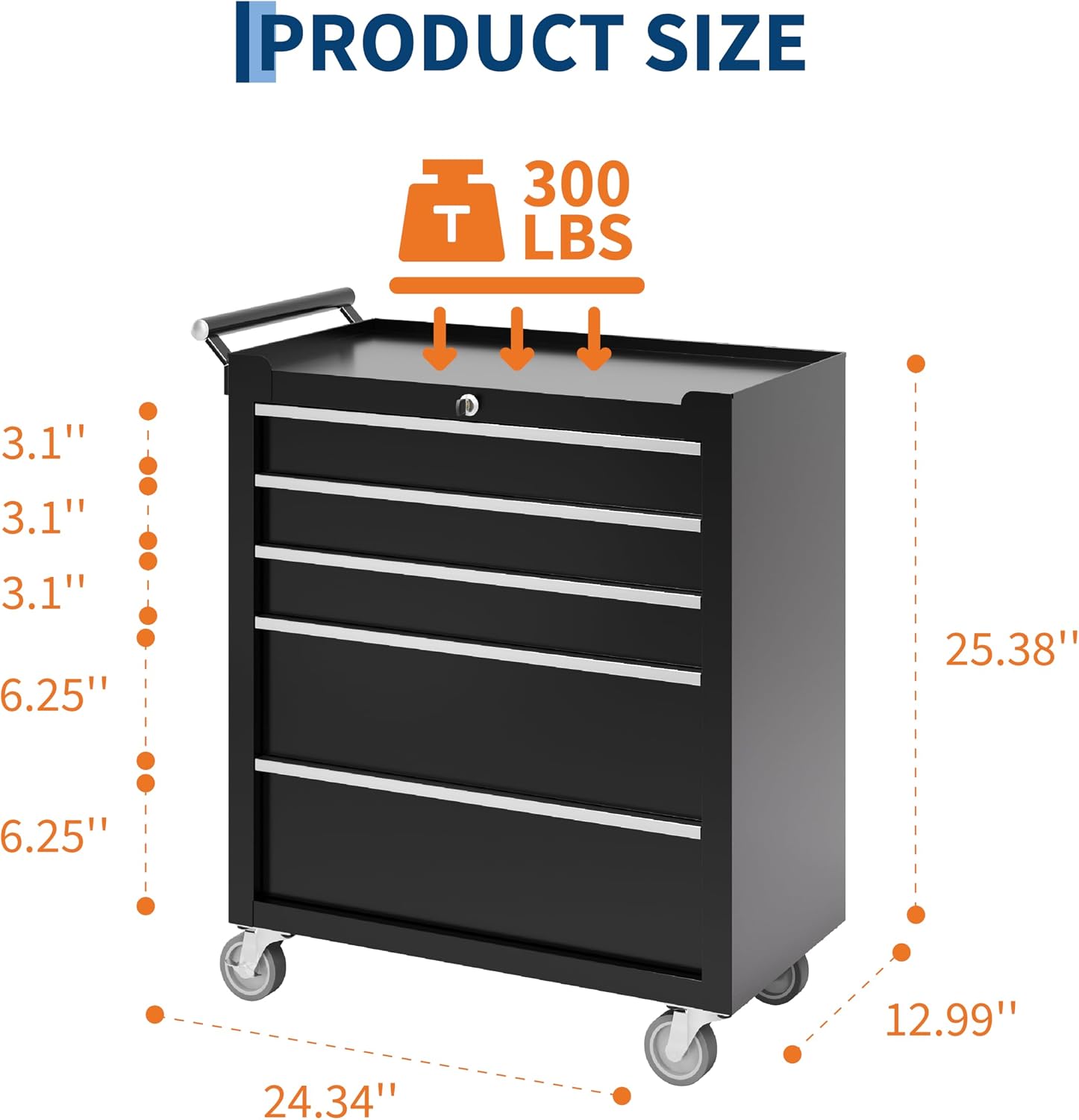 IDEALHOUSE Rolling Tool Chest, 5 Drawers Tool Storage Cabinet, Toolbox with Wheels, Portable Tool Cabinet Organizer with Locking System & Drawer Liners, Tool Storage Cart for Garage, Workshop, Black