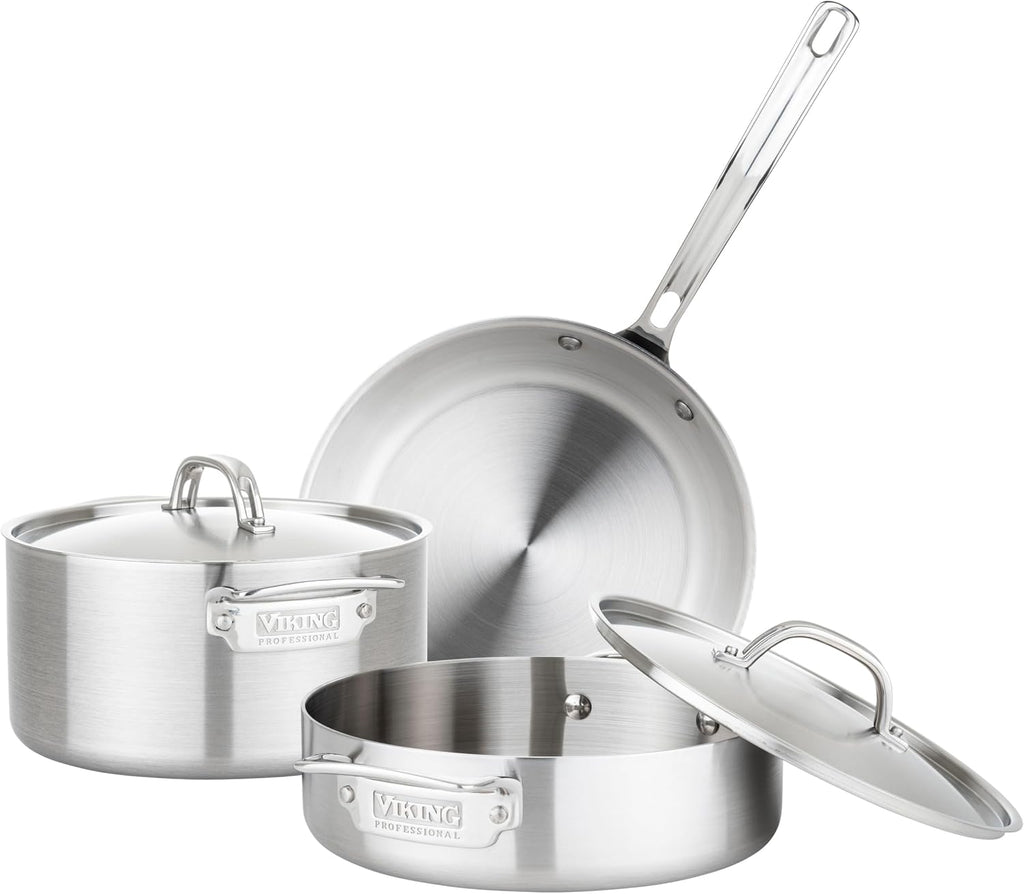 Viking 5-Ply Cookware Set, 5 Piece Stainless Steel Kitchen Pots and Pans, Oven Safe, Induction Ready, Silver