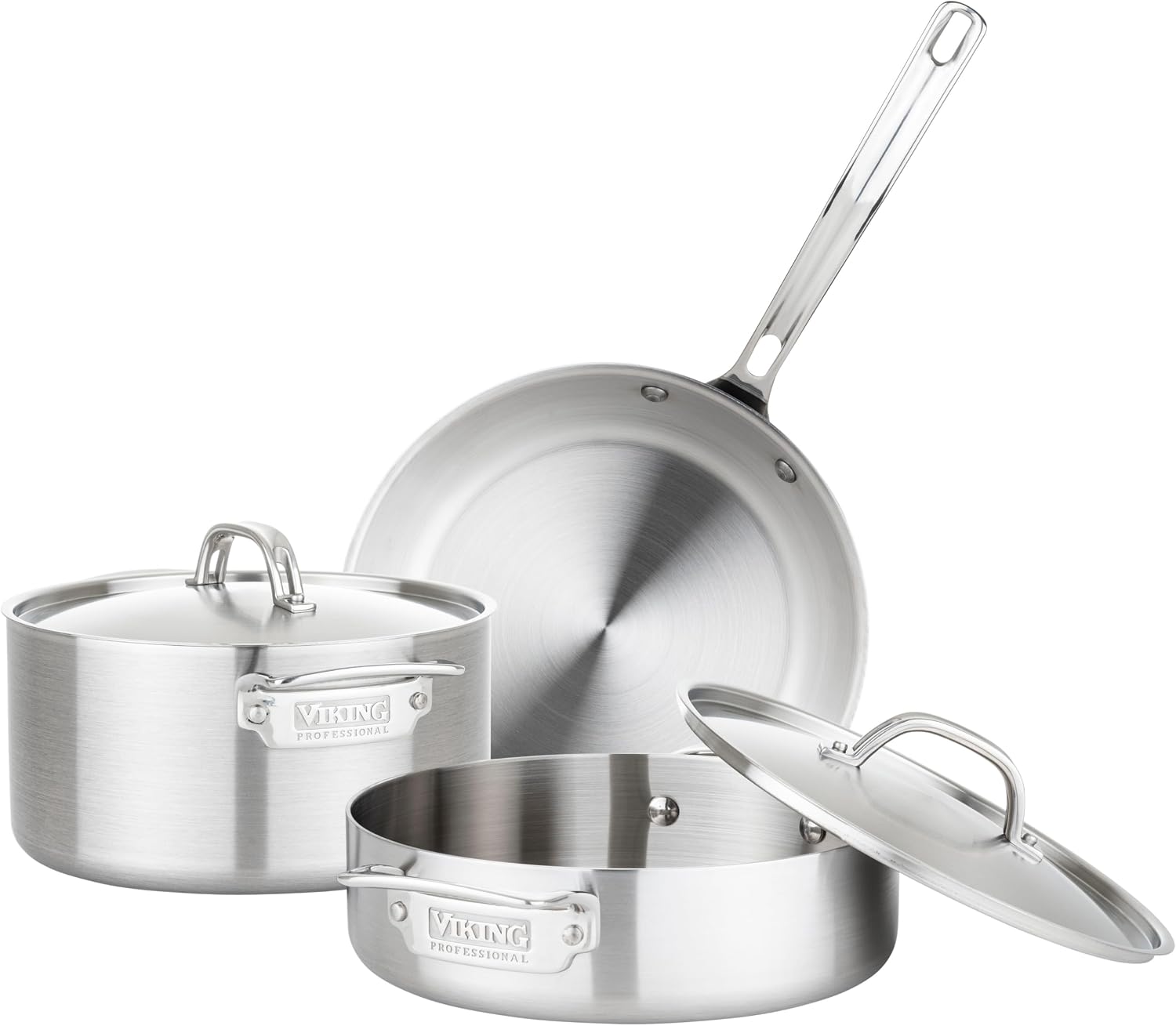 Viking 5-Ply Cookware Set, 5 Piece Stainless Steel Kitchen Pots and Pans, Oven Safe, Induction Ready, Silver