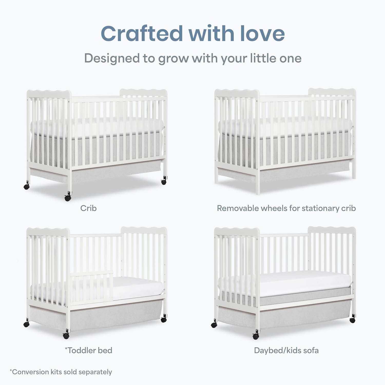 Dream On Me Carson Classic 3-in-1 Convertible Full-Size Baby Crib in White, GreenGuard Gold & BSA, 4 Mattress Heights, Converts to Day & Toddler Bed, Locking Wheels, Classic Nursery Design