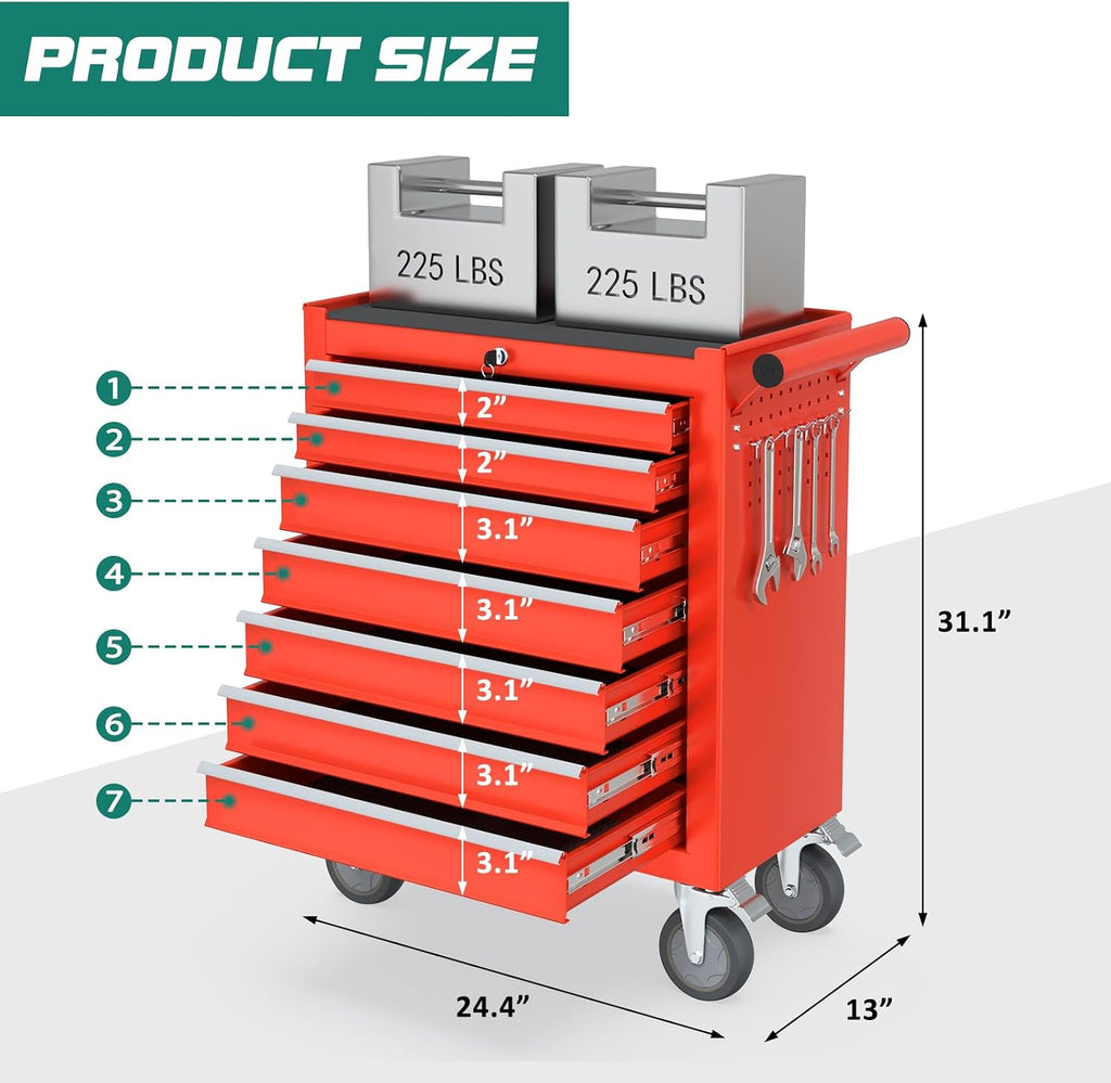 7-Drawer Rolling Tool Chest with Wheels, Tool Box with Locking System and Sliding Drawers, Tool Box Organizer for Garage, Warehouse, Workshop(Red)
