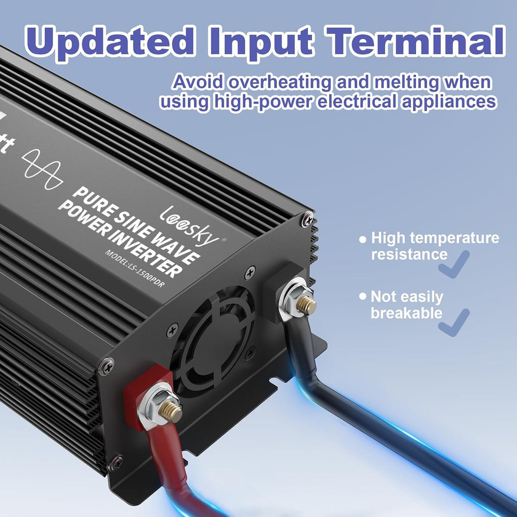 1500W Pure Sine Wave Power Inverter 12V DC to 110V 120V AC with UL Listed Fuses Compatible with Lithium Battery Starlink for Car Off-Grid Solar Home RV Truck with 15FT Battery Monitor Remote by LEESKY