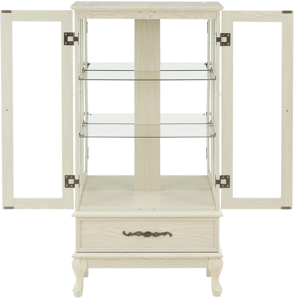 Glass Display Cabinet with Doors and Drawer, Lighted Curio Display Cabinet with Adjustable Glass Shelves and Mirrored Back Panel, Retro Floor Standing Storage Cabinets for Living Room, Antique White