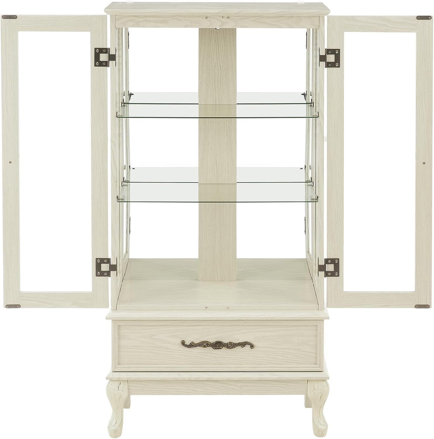 Glass Display Cabinet with Doors and Drawer, Lighted Curio Display Cabinet with Adjustable Glass Shelves and Mirrored Back Panel, Retro Floor Standing Storage Cabinets for Living Room, Antique White